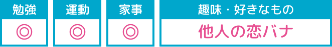 勉強：◎/運動：◎/家事：◎ 趣味・好きなもの：他人の恋バナ